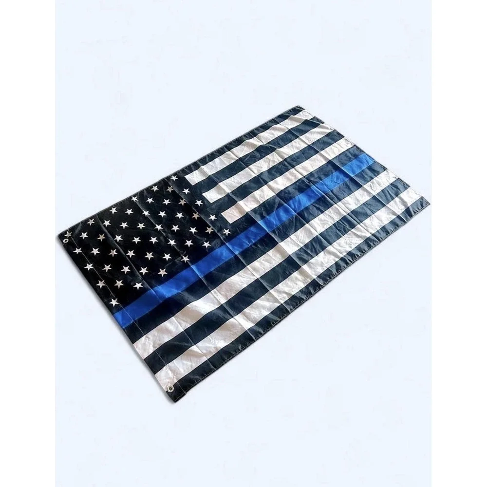 Black & White US American Flag Thin Blue Line Blue Stripe Nylon Banner